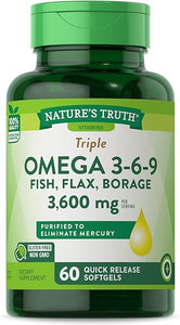 Triple Omega 369 | 3600mg | 60 Softgels | Fish, Flax, Borage Oils Supplement | Non-GMO & Gluten Free Supplement | by Nature's Truth in Pakistan