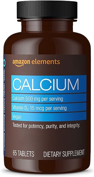 Amazon Elements Calcium plus Vitamin D, Calcium 500mg with D2 600IU, Vegan, 65 Tablets (2 month supply) (Packaging may vary), Supports Strong Bones and Immune Health in Pakistan