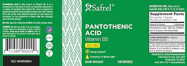 Safrel Pantothenic Acid (Vitamin B5) 500mg, 240 Capsules in Pakistan in Pakistan