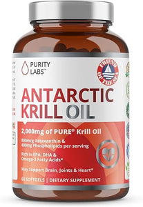 Purity Labs Antarctic Krill Oil 2000mg Omega-3 with Astaxanthin 800mcg - Vegan Supplements to Support Memory, Heart, Brain Health - Rich in Omega 3, Fatty Acids, DHA, EPA & Phospholipids - 60 Softgels in Pakistan