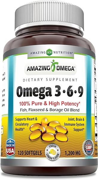 Amazing Omega 3.6.9 1200 mg Softgels Supplement | Unique Formula of Flaxseed Oil 400 mg, Fish Oil 400 mg and Borage Oil 400 mg | Rich in Omega 3,6,9 Fatty Acids (Lemon, 120 Count) in Pakistan