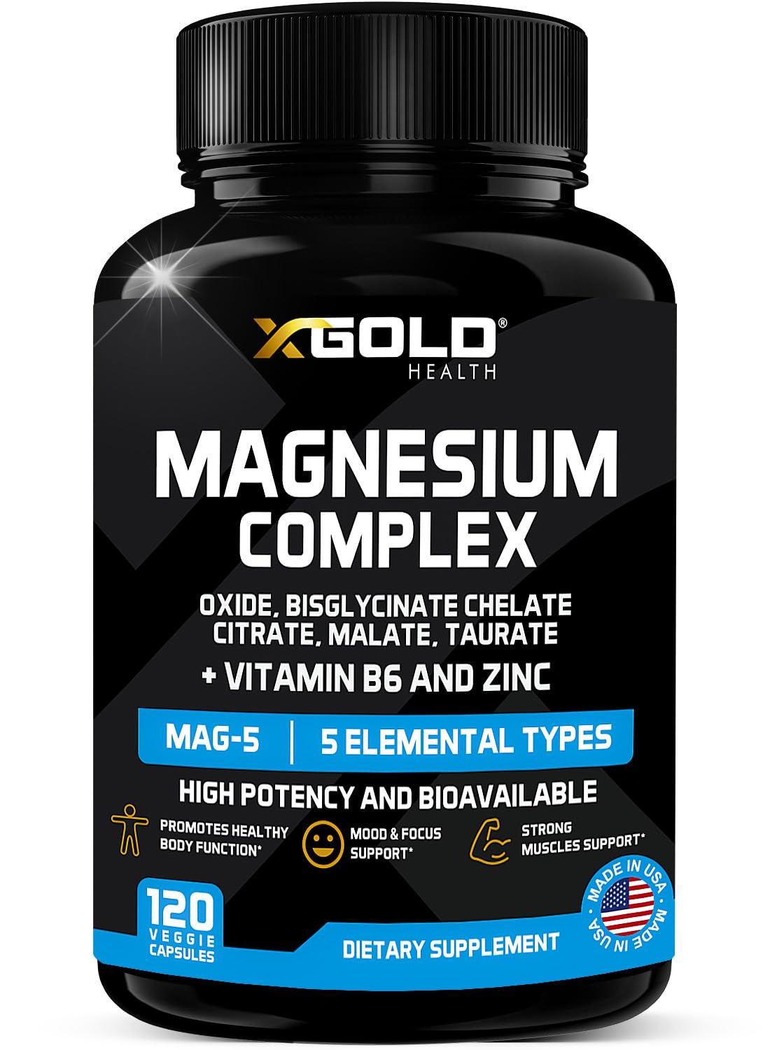Magnesium Complex 500mg with Vitamin B6 & Zinc Supplement| Mag Complex - 5 in 1 with Magnesium Oxide, Bisglycinate Chelate, Citrate, Malate & Taurate | Blend for Optimal Health |120 Caps Made in USA