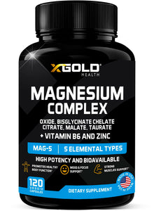 Magnesium Complex 500mg with Vitamin B6 & Zinc Supplement| Mag Complex - 5 in 1 with Magnesium Oxide, Bisglycinate Chelate, Citrate, Malate & Taurate | Blend for Optimal Health |120 Caps Made in USA