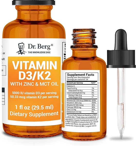 Dr. Berg Vitamin D3 K2 with Zinc & MCT Oil Liquid Supplement - Liquid Vitamin D3 with K2 for Bone & Teeth Strength, Mood, Immune & Heart Health D3 K2 Drops - Vitamin D3 K2 Drops for Adults - 1 fl oz in Pakistan