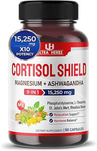 CORTISOL SHIELD 9 IN 1 - 15,250mg Magnesium + Ashwagandha with Phosphatidylserine, L-Theanine, St. John's Wort, Rhodiola Rosea - Relaxation Support, Hormone Balance- USA made (90 count (pack of 1)) in Pakistan