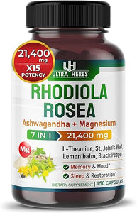 Rhodiola Rosea 21,400mg 7 IN 1 with Ashwagandha + Magnesium, L-Theanine, St. John's Wort, Lemon balm, Black Pepper - Relax & Restore - USA made (150 count (pack of 1)) in Pakistan
