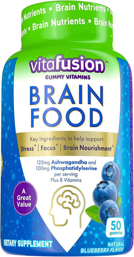 vitafusion Brain Food Gummy Supplement: 125mg Ashwagandha, 100mg Phosphatidylserine per Serving, B Vitamins, 50ct (25 Day Supply), Blueberry Flavor from America’s Number One Gummy Vitamin Brand