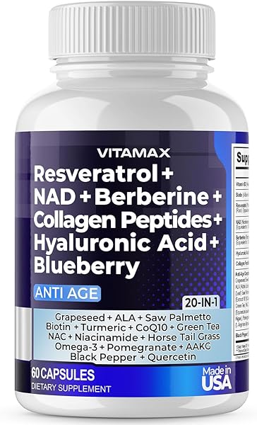 Resveratrol NAD+ Berberine Hyaluronic Acid - Biotin Grape & Blueberry Extract NAC - Collagen Peptides - Promotes Hair, Nail, Skin & Joint Supplement - 21-in-1 Women and Men - Made in USA - 60ct in Pakistan in Pakistan