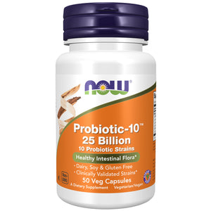 NOW Supplements, Probiotic-10™, 25 Billion, with 10 Probiotic Strains, Dairy, Soy and Gluten Free, Strain Verified, 50 Veg Capsules