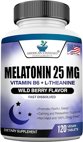 Melatonin 25mg Per One Tablet, 120 Chewable Tablet with L-Theanine & Vitamin B-6, Supports Healthy Sleep Cycle , Promotes Calming & Restful Sleep, Vegan, NON GMO, Made In USA in Pakistan