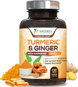 Turmeric Curcumin with BioPerine & Ginger 95% Standardized Curcuminoids 1950mg Black Pepper for Max Absorption Joint Support, Nature's Tumeric Herbal Extract Supplement, Vegan, Non-GMO - 120 Capsules in Pakistan