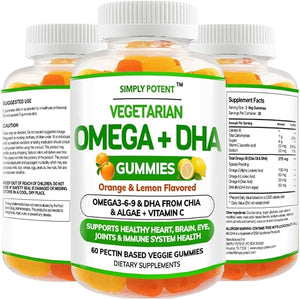 Omega 3 Gummies, Fish Oil Free Vegan Omega 3 6 9 + DHA, Chia Seed & Algae Based Omega 3 Supplement for Men Women & Kids for Brain Heart Joint Eye & Immune Health, Orange & Lemon Flavored 60 Gummies in Pakistan