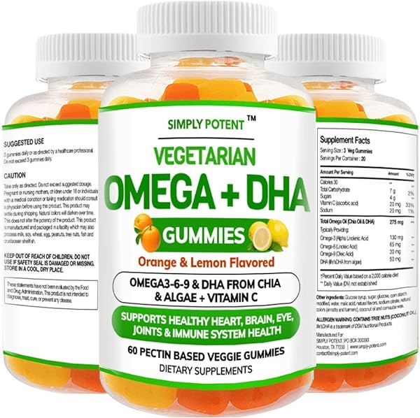 Omega 3 Gummies, Fish Oil Free Vegan Omega 3 6 9 + DHA, Chia Seed & Algae Based Omega 3 Supplement for Men Women & Kids for Brain Heart Joint Eye & Immune Health, Orange & Lemon Flavored 60 Gummies in Pakistan in Pakistan