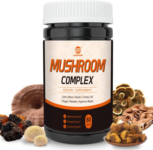 GANOHERB 6 in 1 Mushroom Complex - 800mg Supplement with Organic Fruiting Mushrooms Extract - Lions Mane, Reishi, Turkey Tail, Chaga, Maitake, Agaricus Blazei - 60 Veggie Capsules