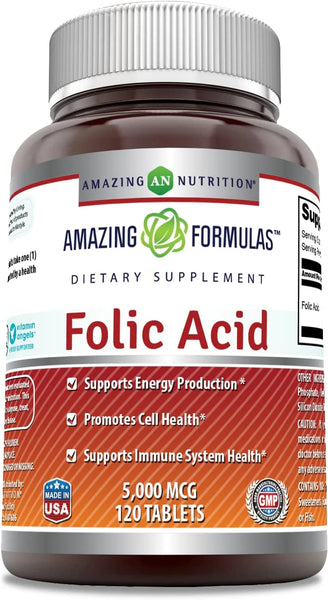 Amazing Formulas Folic Acid Tablets Supplement - Supports Immune System & Energy Production* - Promotes Cell Health* (5000mcg, 120 Count) in Pakistan