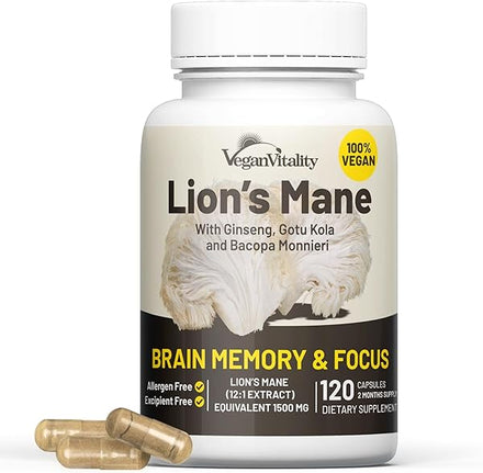 Lions Mane Mushroom Supplement Capsules Complex - Nootropic Brain Support Supplement, Lions Mane Extract - 120 Vegan Bacopa Monnieri, Gotu Kola, Ginseng Capsules - Focus Memory Support in Pakistan