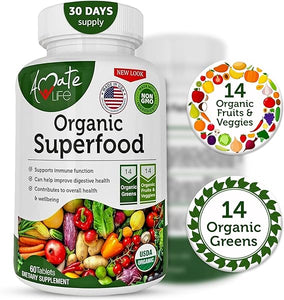 Organic Superfood Greens Fruits and Veggies Complex - Best Dietary Supplement with 14 Greens and 14 Fruits & Vegetables with Alfalfa Rich in Antioxidants Organic Ingredients Non-GMO 60 Tablets in Pakistan