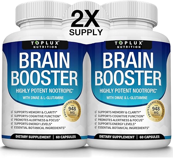 Brain Supplement Nootropic Booster – Brain Pills Vitamin for Focus, Memory, Clarity, Energy & Better Concentration, with DMAE, Bacopa Monnieri, L-Gutamine, For Men Women, 60 Capsules, Toplux Nutrition in Pakistan in Pakistan