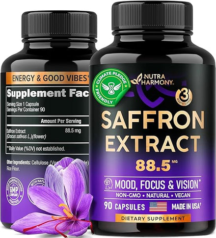 Natural Saffron Supplements - Mood | Focus | Vision | Energy Support - Made in USA - Pure Saffron Extract 88.5 mg - Eye Health for Women & Men - NonGMO Vegan Pills - 90 Powder Capsules, 3 Month Supply in Pakistan