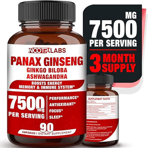 Korean Red Panax Ginseng 7500mg Highest Potency with Ginkgo Biloba and Ashwagandha, Boost Energy, Memory, and Immune System - Focus Supplement Pills for Men and Women, 90 Vegan Capsules in Pakistan