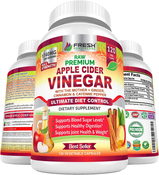 Premium Apple Cider Vinegar Capsules Max 1740mg with Mother - 100% Natural & Raw with Cinnamon, Ginger & Cayenne Pepper - Ideal for Healthy Living, Detox & Digestion -120 Vegan Pills in Pakistan