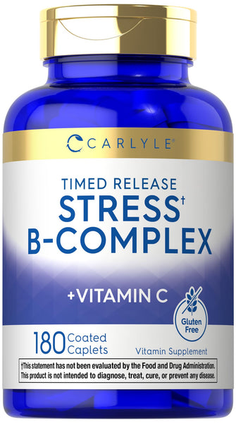 Carlyle Stress B Complex Vitamin Supplement | 180 Caplets | with Vitamin C | Non-GMO and Gluten Free