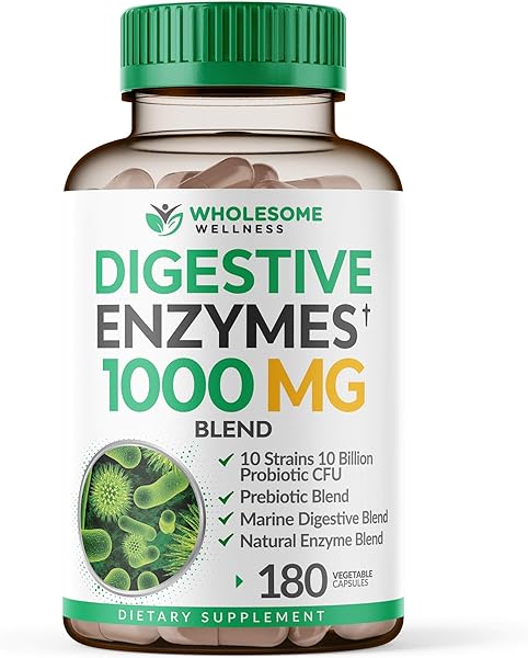 Wholesome Wellness Digestive Enzymes 1000MG Plus Prebiotics & Probiotics Supplement, 180 Capsules, Organic Plant-Based Vegan Formula for Digestion & Lactose with Amylase & Bromelain,3-6 Months Supply in Pakistan in Pakistan