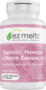 EZ Melts Brain Supplements for Memory and Focus Support - Dissolvable Memory Vitamins to Promote Mental Clarity - Brain Vitamins for Enhanced Energy Support - Vegan Brain Focus - Cherry Flavor - 60 Ct