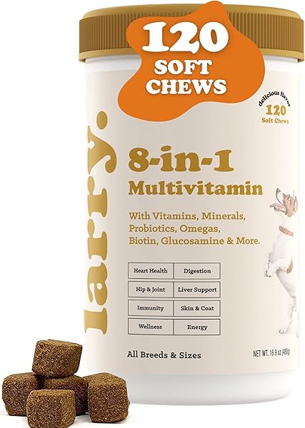 8-in-1 Multivitamin Dog Supplement by Larry | Heart, Digestion, Liver, Skin, Coat, & Joint Support Supplement for Dogs | with Vitamins, Minerals, Omegas, & Glucosamine Chondroitin | 120 Soft Chews in Pakistan