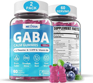 GABA Gummies 500 mg - Sugar-Free Calm Gummies with L Theanine, 5-HTP, Vitamins D3, B12, Ashwagandha, Melatonin-Free for Brain Calm, Mood, Zzz Better, GABA Supplement for Adult, Blueberry Flavor, Vegan in Pakistan