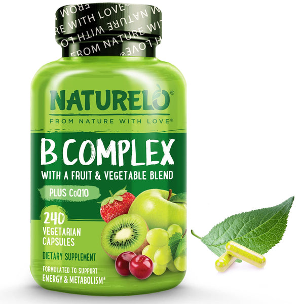 NATURELO B Complex - Whole Food Complex with Vitamin B6, Folate, B12, Biotin - Supplement for Energy and Stress - High Potency - Vegan - Vegetarian - Non GMO - Gluten Free - 240 Capsules