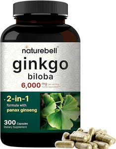 NatureBell Ginkgo Biloba 6,000mg with Panax Ginseng 500mg Per Serving | 300 Capsules – Max Strength Ginko Biloba Extract Supplements - Promotes Memory, Focus, and Brain Health in Pakistan