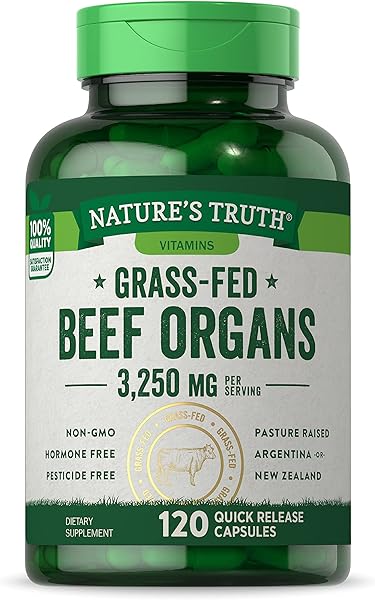 Grass Fed Beef Organs Capsules | 120 Count | 3250mg Complex of Liver, Heart, Kidney, Pancreas, Spleen | Non-GMO & Gluten Free Supplement | by Natures Truth in Pakistan