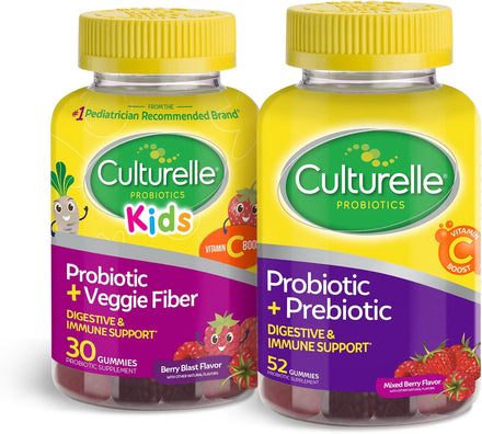 Culturelle Daily Probiotic for Kids + Veggie Fiber Gummies (Ages 3+) - 30 Count - Digestive Health & Immune Support – Berry Flavor with a Vitamin C Boost