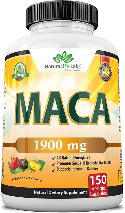 Organic Maca Root Black, Red, Yellow 1900 MG per Serving - 150 Vegan Capsules Peruvian Maca Root Gelatinized 100% Pure Non-GMO Supports Reproductive Health Natural Energizer