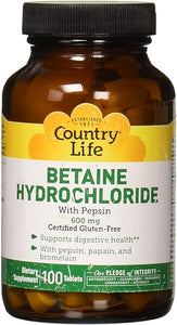 Country Life Betaine Hydrochloride with Pepsin, 600mg, 100 Tablets, Certified Gluten Free in Pakistan