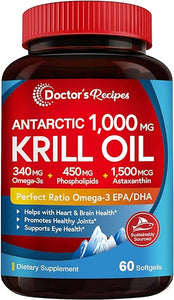 Doctor's Recipes Antarctic Krill Oil, 60 Softgels 1000mg, DHA:EPA at 1:2 Perfect Ratio, 1.5mg Astaxanthin, Clean Extraction, No Fish Taste, Joint, Brain, Eye Health, Non-GMO in Pakistan