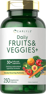 Fruits and Veggies Supplement | 250 Capsules | Made with 32 Fruits and Vegetables | Vegetarian, Non-GMO, Gluten Free Superfood Formula | by Carlyle