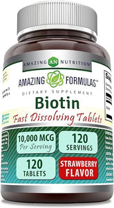 Amazing Formulas Biotin Fast Dissolve 10000 mcg Tablets Supplement | Strawberry Flavor | Vitamin B7 | Non-GMO | Gluten Free | Made in USA (120 Count) in Pakistan