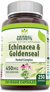 Herbal Secrets Echinacea & Goldenseal Root 450 Mg 250 Veggie Capsules Supplement | Non-GMO | Gluten Free | Made in USA in Pakistan