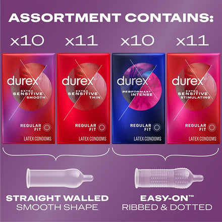 Durex Pleasure Pack Assorted Condoms, Natural Rubber Latex Condoms for Men, Regular Fit, FSA & HSA Eligible, 42 Count (Packaging may Vary)