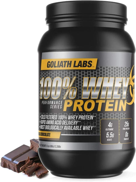 Goliath Labs 100% Whey Protein Powder Isolate/Blend | Fast-Absorbing Workout Supplements for Men and Women | 25g of Pure Protein and 5.5g of BCAAs | 5 lbs, 68 Servings (5 LB, Peanut Butter Chocolate)