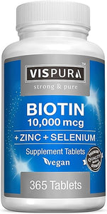 Biotin 10000 mcg + Zinc + Selenium, Pure, Vegan & Extra Strong, Best Supplement for Hair Growth, Glowing Skin, Strong Nails*, 365 Tablets for 12 Months, Natural Without Additives in Pakistan