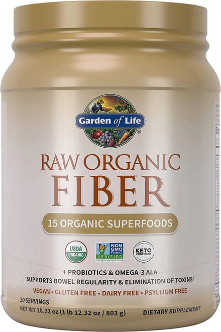 Garden of Life Fiber Supplement, Raw Organic Fiber Powder - 30 Servings, 15 Organic Superfoods, Probiotics and Omega-3 ALA, 4g Soluble Fiber, 5g Insoluble Fiber for Regularity, Psyllium Free Fiber