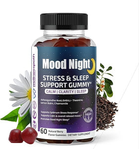 Mood Night| Sleep Aid & Stress Relief Ashwagandha Supplements, Calm Gummies for Deep Sleep, with Ashwagandha, Lemon Balm, GABA, L- Theanine & Chamomile,60 Count -Wellnesspath Rx and Health Solutions. in Pakistan