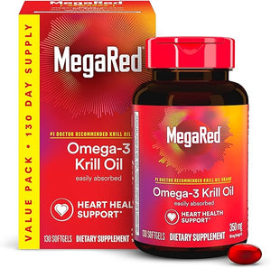 MegaRed Krill Oil 350mg Omega 3 Supplement, 1 Dr Recommended Krill Oil Brand with EPA, DHA, Astaxanthin & Phopholipids, Supports Heart, Brain, Joint and Eye Health - 130 Softgels (130 Servings) in Pakistan
