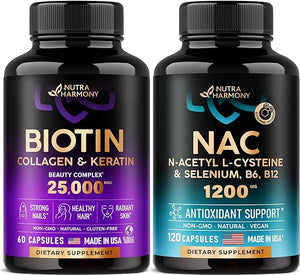 Biotin Capsules & NAC Capsules - Hair Growth Supplement for Women & Men - 25000 mcg Pills - N-Acetyl L-Cysteine - Made in USA - 1200 mg, 120 Vegan Capsules - Antioxidant, Immune & Thyroid Support in Pakistan