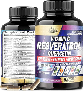 12065mg Resveratrol Supplement - 90 Capsules 3 Month for Healthy Aging, Immune, Brain & Joint Support - 12in1 Blended with VIT.C, Quercetin, Berberine, Turmeric, Green Tea & More in Pakistan