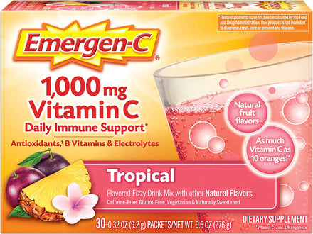 Emergen-C 1000mg Vitamin C Powder for Daily Immune Support Caffeine Free Vitamin C Supplements with Zinc and Manganese, B Vitamins and Electrolytes, Super Orange Flavor - 30 Count