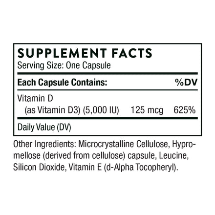 THORNE Vitamin D-5000 - Vitamin D3 Supplement - Support Healthy Bones, Teeth, Muscles, Cardiovascular, and Immune Function - NSF Certified for Sport - Dairy-Free, Soy-Free - 60 Capsules